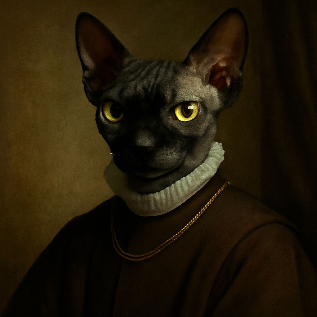 A curious Sphynx cat with large ears and striking yellow eyes stares intently at the camera, perched on a soft blue blanket in front of a sheer white curtain, showcasing its unique wrinkled skin and elegant posture.