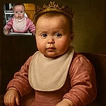 A cute baby with wide curious eyes sits in a high chair wearing a pink outfit and a bib, with a bit of food mess around the mouth and on the bib, looking directly at the camera with an innocent and slightly surprised expression.