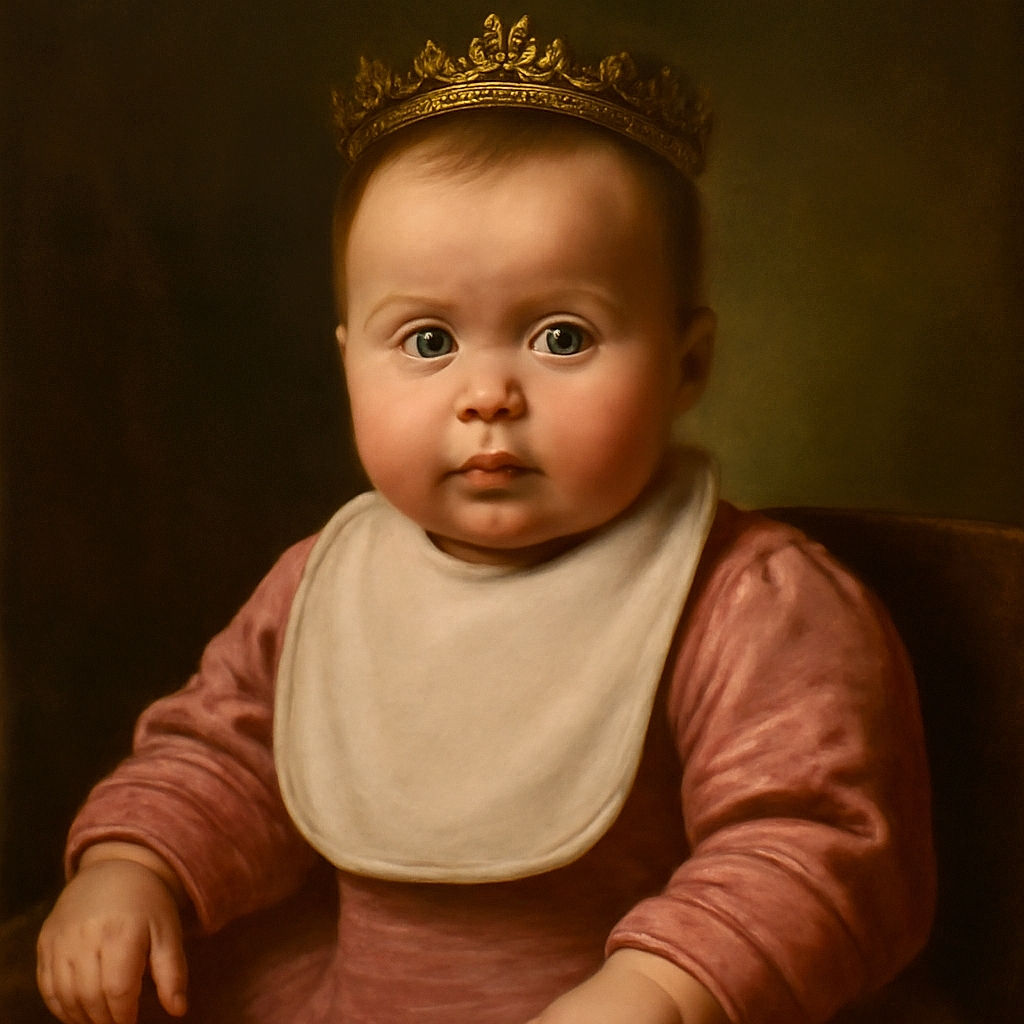 A cute baby with wide curious eyes sits in a high chair wearing a pink outfit and a bib, with a bit of food mess around the mouth and on the bib, looking directly at the camera with an innocent and slightly surprised expression.