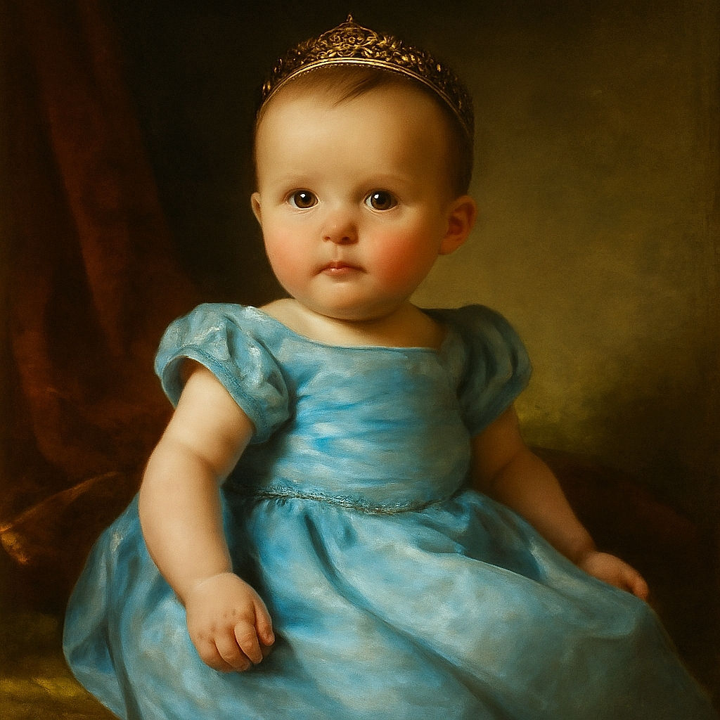 A wide-eyed baby in a delicate blue dress sits on a cushioned mat, bathed in soft sunlight that highlights the sheer fabric and rosy cheeks, with a cozy indoor background blurring into warm shadows.