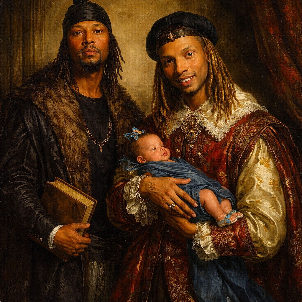 Two grown-ups strike proud poses while one tiny human naps like a loaf in the crook of an arm — caps, dreadlocks, sneakers and a tablet complete the living-room runway.