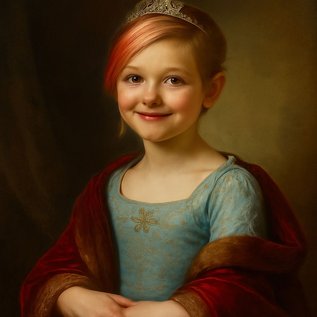 A cheerful child with pink-tinted hair and a bright smile sits cross-legged on weathered wooden steps, wearing a light blue shirt that contrasts nicely with the rustic background. The photo captures a warm, candid moment with a soft focus on the face and a blurred background.
