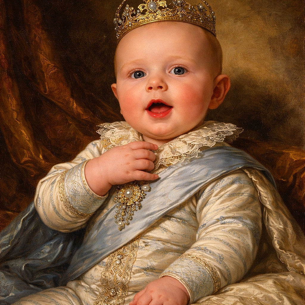 A chubby-cheeked baby in a cozy striped onesie looks curiously at the camera, mouth slightly open as if about to say something important, while resting comfortably on a cushioned surface.