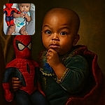 A curious baby is sitting in a colorful baby seat, holding a blue object close to their mouth with wide eyes, next to a knitted Spiderman doll that looks ready to save the day.
