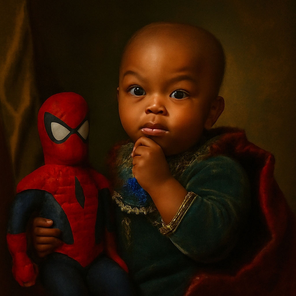 A curious baby is sitting in a colorful baby seat, holding a blue object close to their mouth with wide eyes, next to a knitted Spiderman doll that looks ready to save the day.