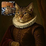 A cozy tabby cat lounges on a black-and-white patterned blanket, giving a calm and slightly curious look. The background shows a wooden dresser and some household clutter, adding a casual, lived-in vibe to this candid pet portrait.