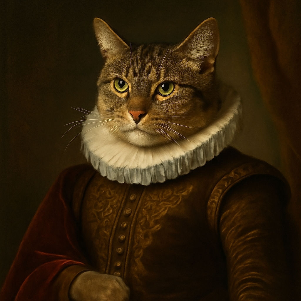 A cozy tabby cat lounges on a black-and-white patterned blanket, giving a calm and slightly curious look. The background shows a wooden dresser and some household clutter, adding a casual, lived-in vibe to this candid pet portrait.