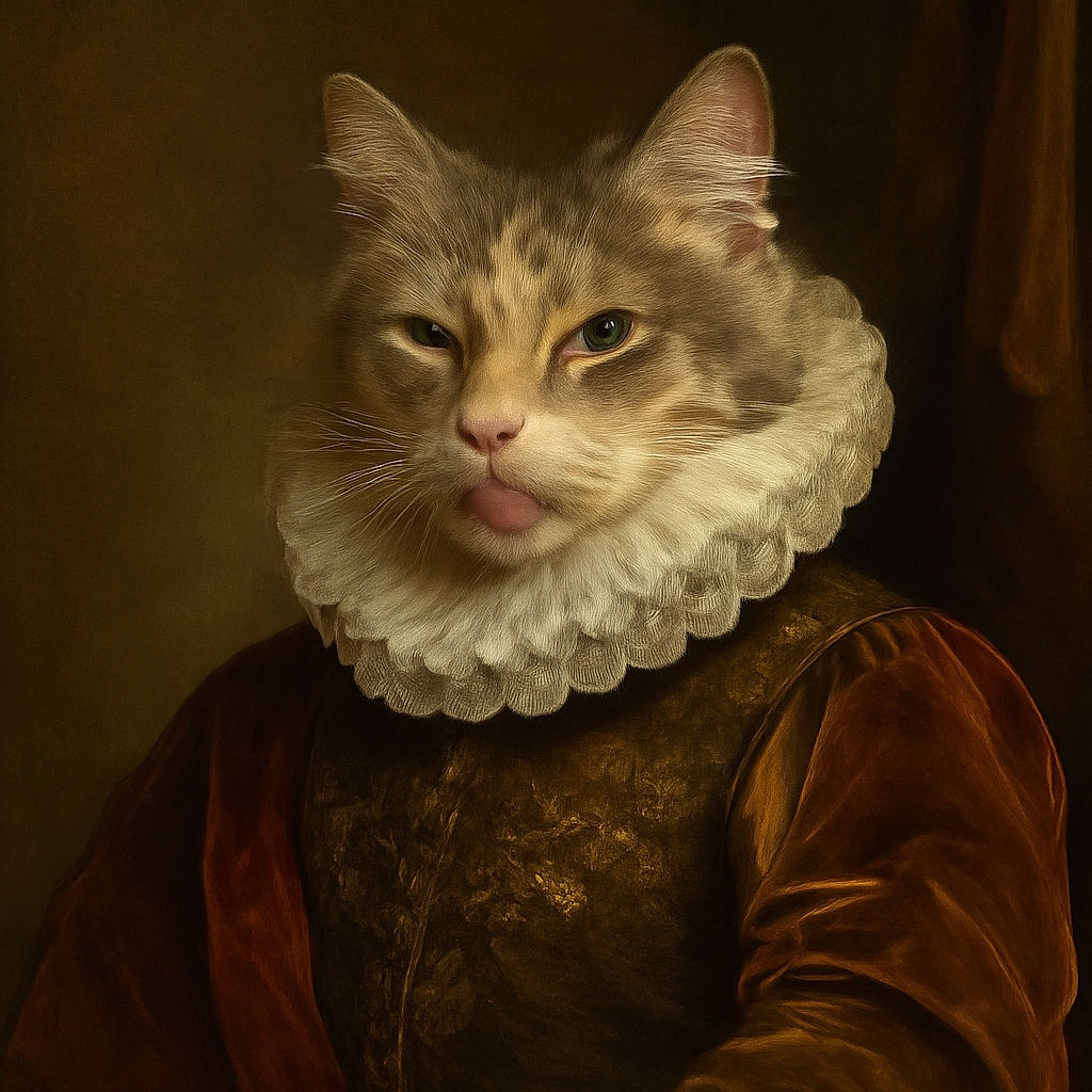 A fluffy cat lounges on a cozy blanket with its tongue sticking out slightly, giving off a vibe of relaxed mischief and sleepy charm in a softly lit indoor setting.