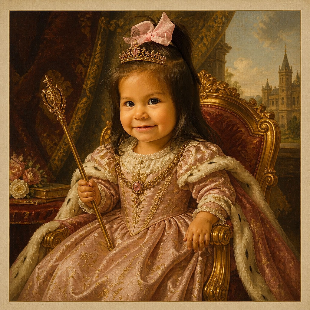 A cheerful little girl with a giant pink bow sits on a confetti-speckled floor, hugging colorful toys like they are precious treasure while giving the camera a tiny superstar smile. The gray sofa and playroom setting keep the scene cozy, and her extended bare feet add an amusing 'I have officially claimed this whole floor' energy.