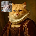 A fluffy cream-colored cat relaxes comfortably on a soft surface, with a hand gently reaching toward it. The background shows a cozy room with a small potted plant on a round table, a painting on the wall, and a light curtain, creating a warm and homely atmosphere.
