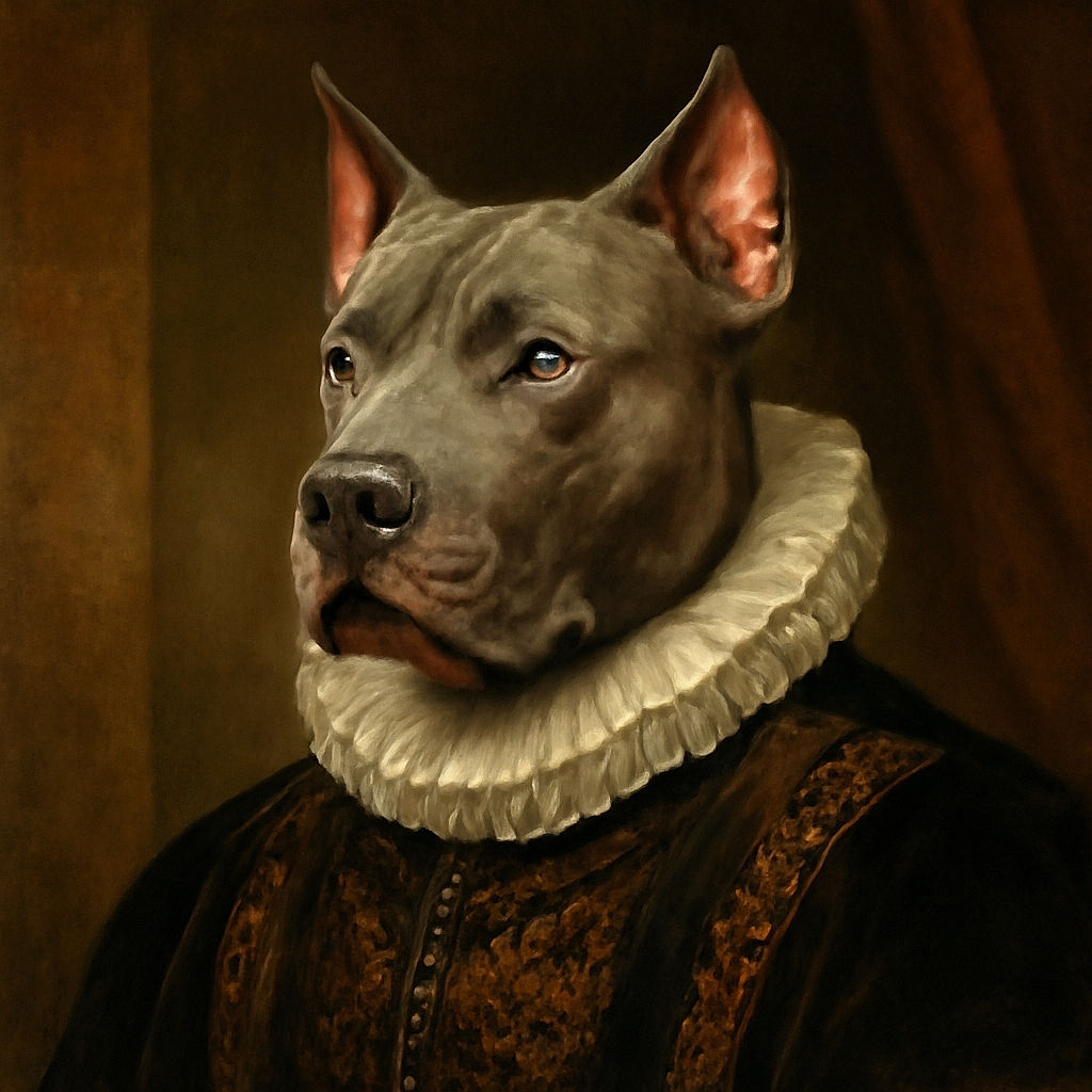 A curious dog with a gray coat looks up with a slightly tilted head, ears perked and one eye catching the light, surrounded by cozy blankets and a person's hand resting nearby.