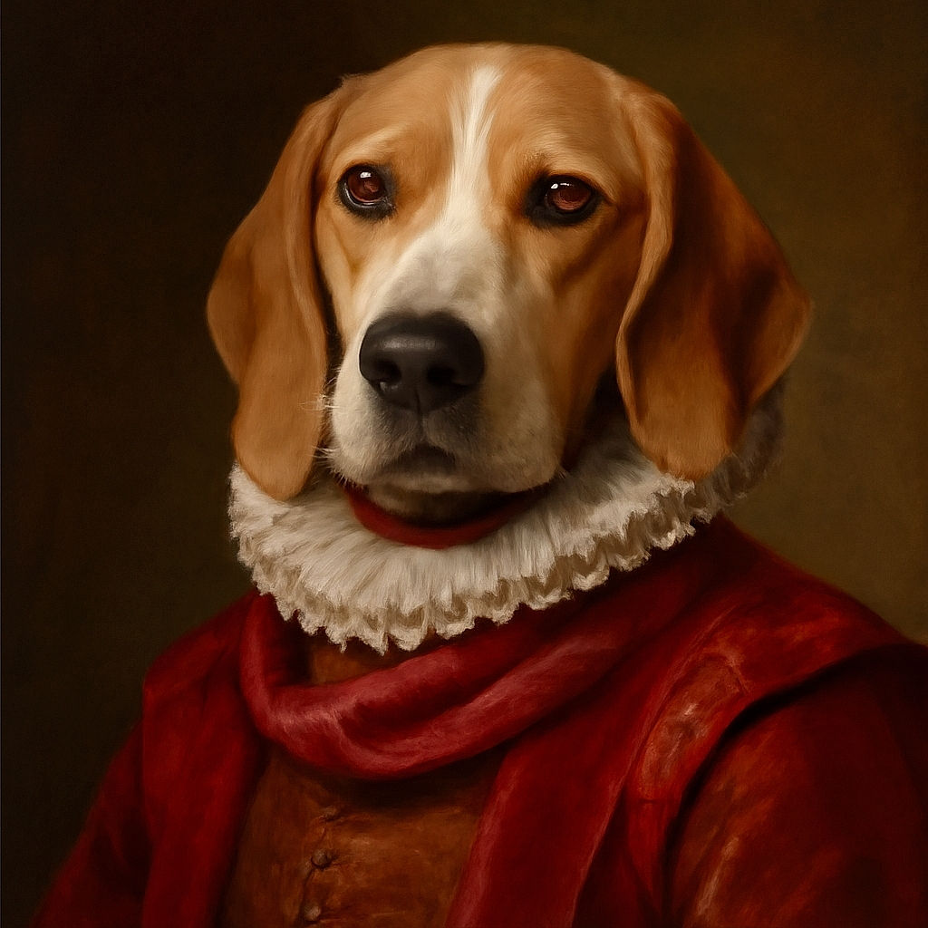 A patient dog wearing a red plaid scarf sits at a wooden table set with a knife, fork, and spoon on a turquoise napkin, looking eagerly as if waiting for a meal in a cozy home setting.