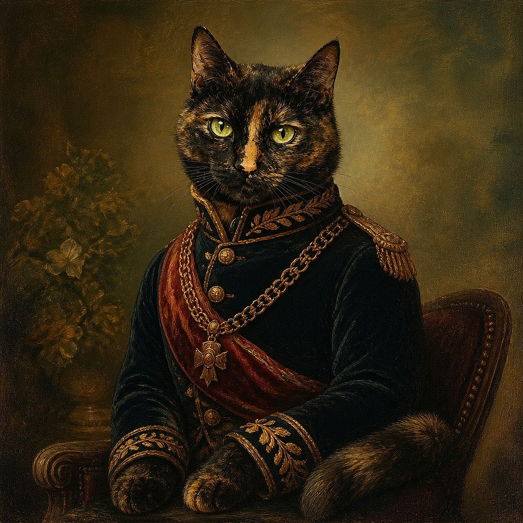 A serious-looking tortoiseshell cat has claimed a blue plastic bin as its personal throne, staring into the camera like the household manager conducting an important inspection. Around it are notebooks, blankets, cushions, and cozy furniture, creating the perfect indoor office for feline paperwork.