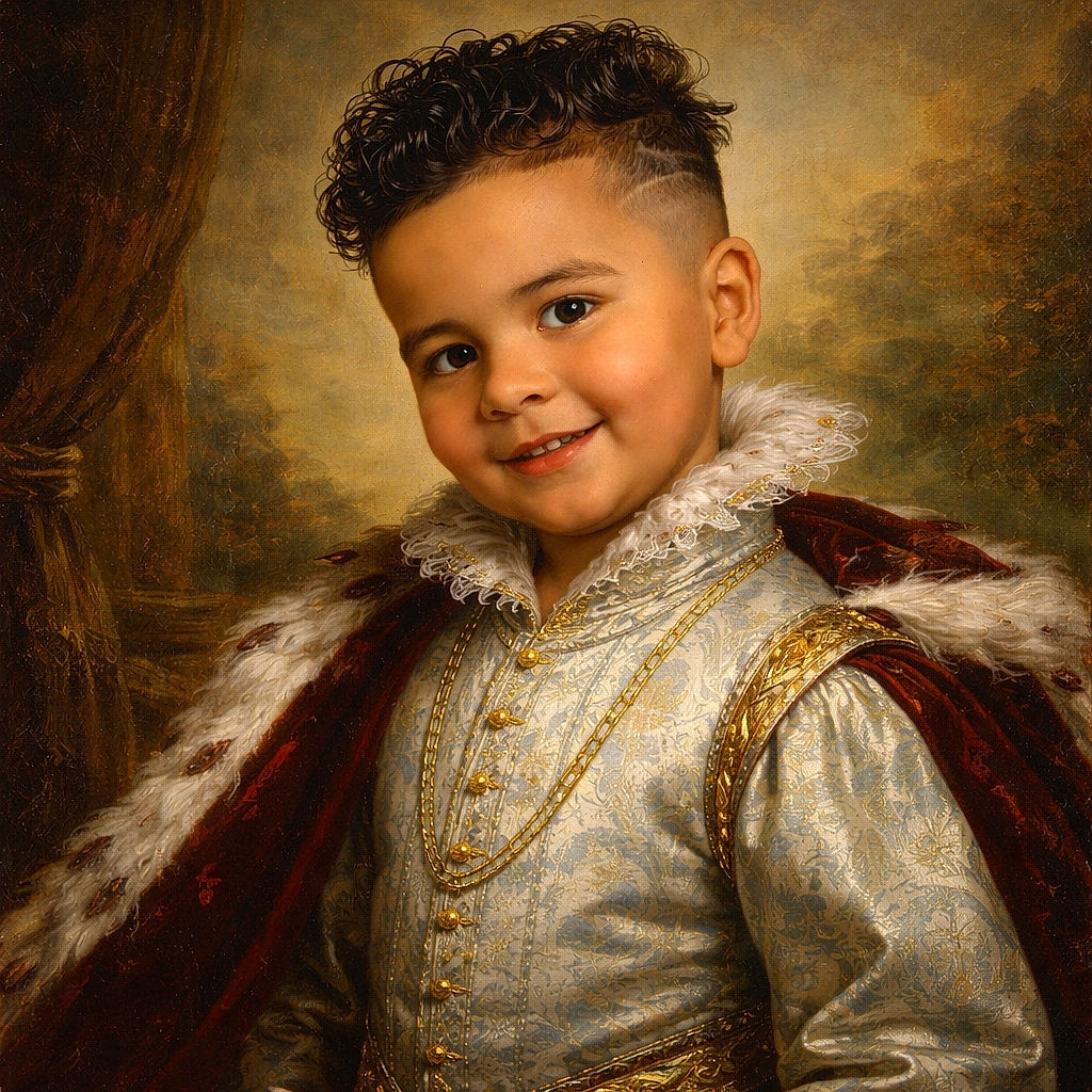 A charming young boy with a fresh haircut and a cheeky smile poses confidently indoors, dressed in a crisp blue checkered shirt and black pants, with a gold chain adding a touch of flair. The background shows a cozy living space with a couch and some household items slightly blurred.