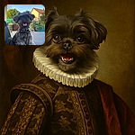 A fluffy black and gray dog with a big smile and sparkling eyes is joyfully posing on a patio table, surrounded by a cozy backyard setting with greenery and a sunny house in the background.