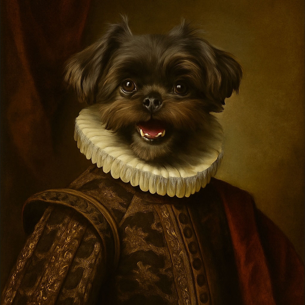 A fluffy black and gray dog with a big smile and sparkling eyes is joyfully posing on a patio table, surrounded by a cozy backyard setting with greenery and a sunny house in the background.