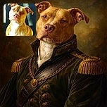 A close-up photo of a brown and white dog with a serious yet gentle expression, sitting against a dark background with patches of light creating a dramatic effect.
