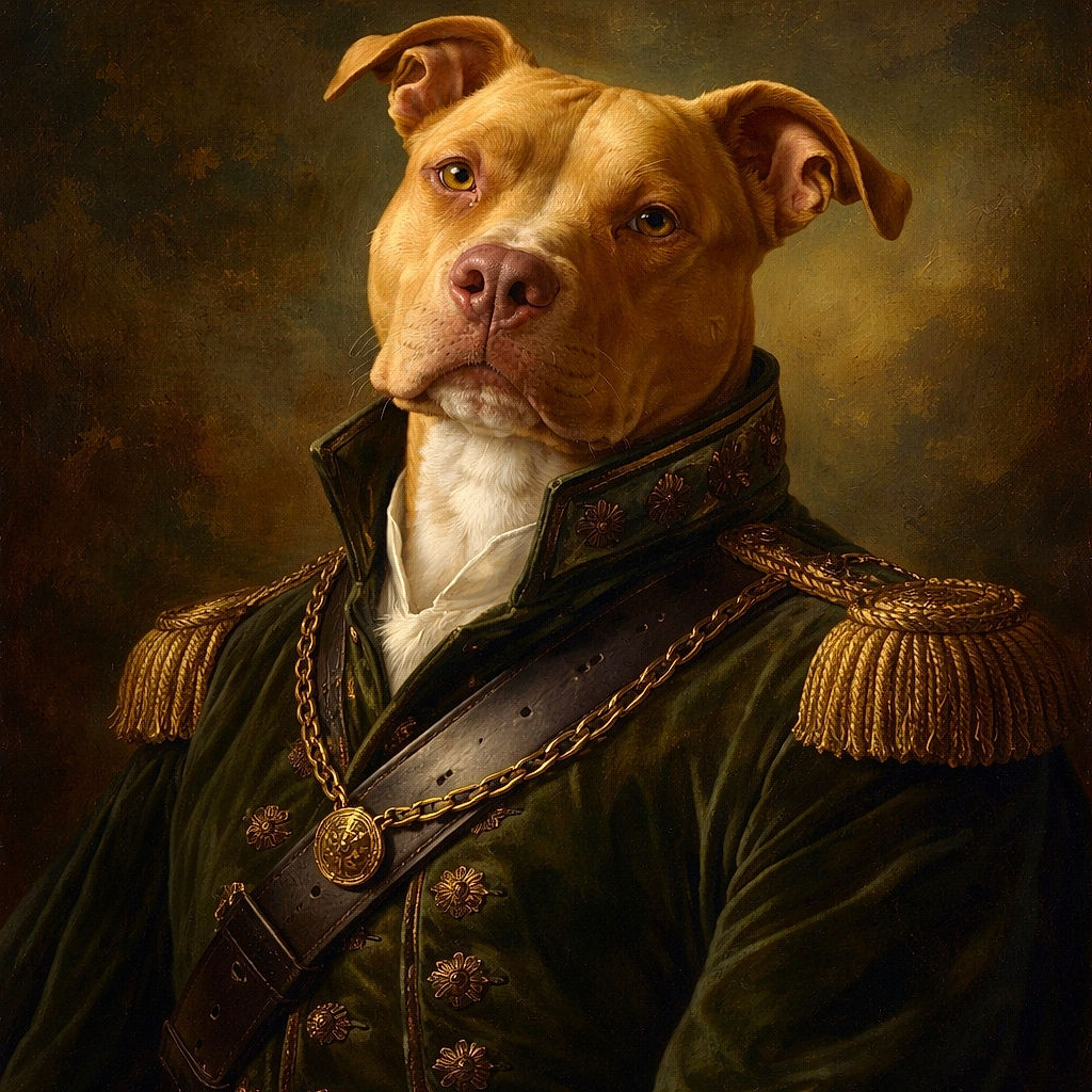 A close-up photo of a brown and white dog with a serious yet gentle expression, sitting against a dark background with patches of light creating a dramatic effect.