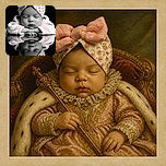A peacefully sleeping baby rests like a tiny royal on a reflective tabletop, wrapped in a fluffy pink outfit and crowned with an enormous quilted bow. The mirror below doubles the nap, creating the world’s most adorable sleepy clone.