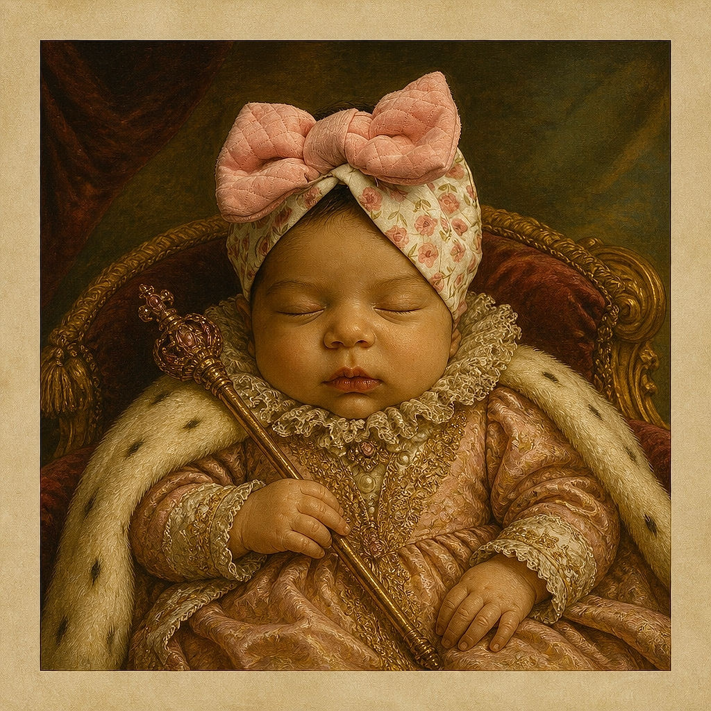 A peacefully sleeping baby rests like a tiny royal on a reflective tabletop, wrapped in a fluffy pink outfit and crowned with an enormous quilted bow. The mirror below doubles the nap, creating the world’s most adorable sleepy clone.