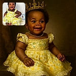 A joyful baby in a bright yellow floral dress sits happily on a fluffy white blanket, flashing a big smile that lights up the room, with a cute '6 months' milestone sign beside her.