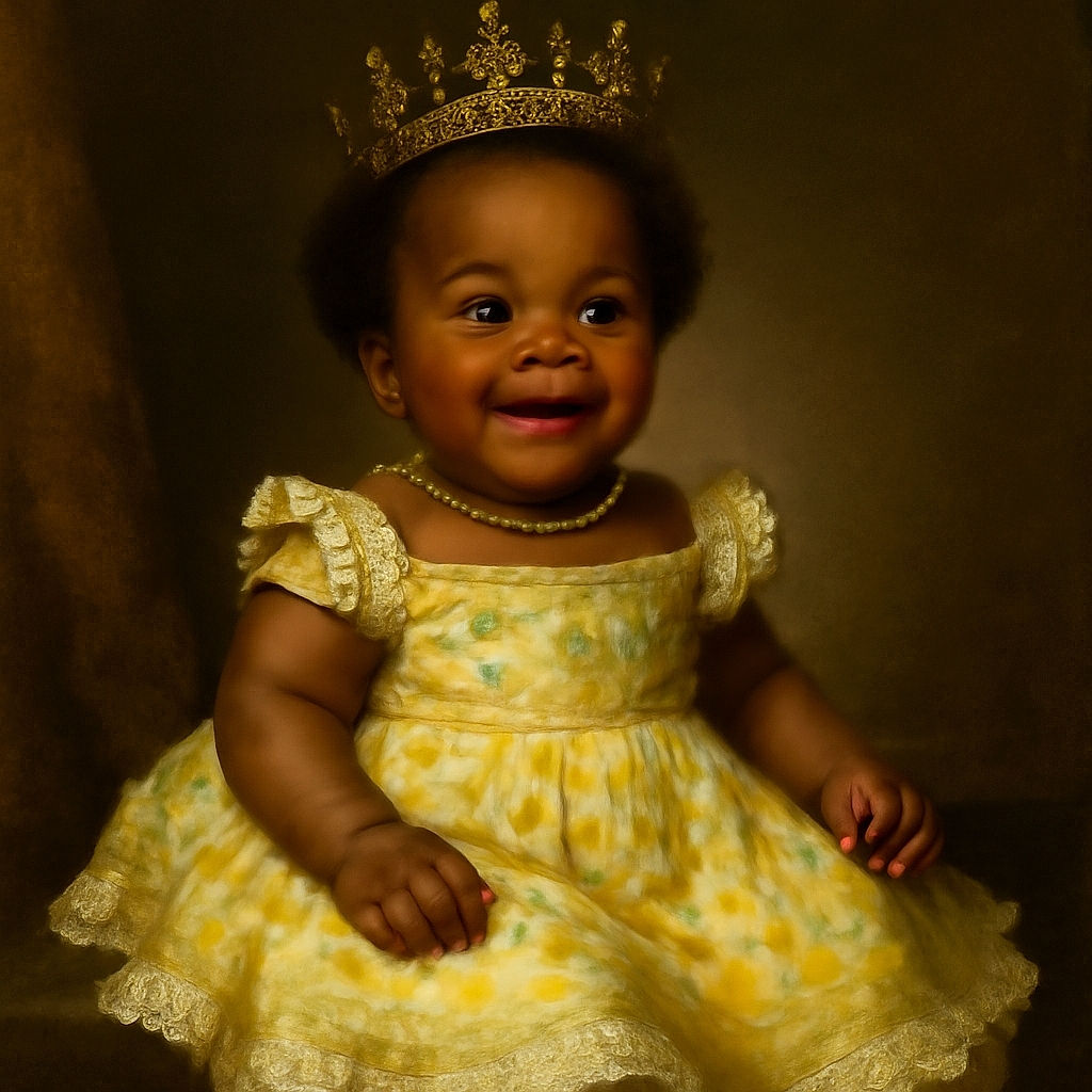 A joyful baby in a bright yellow floral dress sits happily on a fluffy white blanket, flashing a big smile that lights up the room, with a cute '6 months' milestone sign beside her.