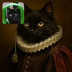 A fluffy black cat with striking yellow eyes peeks out from inside a bright green tunnel toy, looking curiously upwards. The cat's shiny fur contrasts sharply with the vibrant green fabric, creating a cozy and playful scene. A dangling toy hangs inside the tunnel, adding to the feline's amusement.