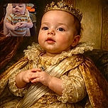 A chubby-cheeked baby in a striped orange and gray onesie with the word 'ROAR' is resting on someone's legs, looking curiously at the camera with hands mid-motion, surrounded by a cozy indoor setting with a playful orange chair in the background.