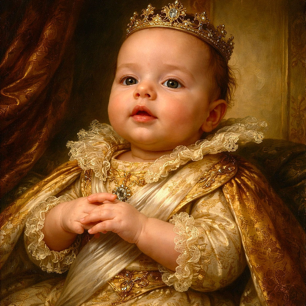 A chubby-cheeked baby in a striped orange and gray onesie with the word 'ROAR' is resting on someone's legs, looking curiously at the camera with hands mid-motion, surrounded by a cozy indoor setting with a playful orange chair in the background.