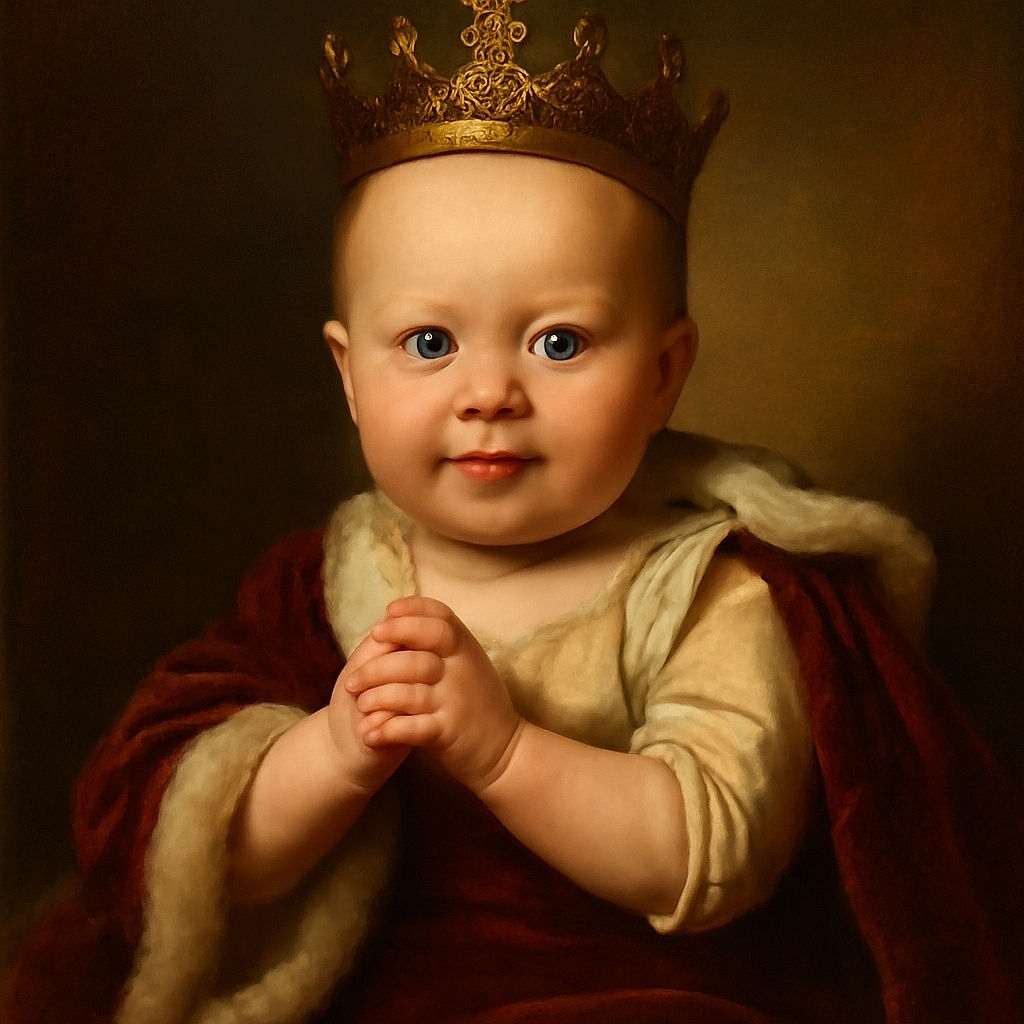 A chubby-cheeked baby with wide, curious eyes is held close by an adult partially visible on the right, with soft blankets adding cozy vibes in the background.