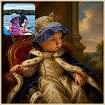 A serious little lake captain sits aboard the dock in a polka-dot sunhat, while a man behind her rows like he has just been promoted to chief paddle officer. Blue water, green trees, and a bright sky complete the sunny outdoor adventure.