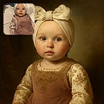 A wide-eyed baby wearing a cute white headband with big bow ears and a floral long-sleeve shirt under pink overalls lies on a cozy bed surrounded by soft toys, looking curiously at the camera with a calm, innocent expression.