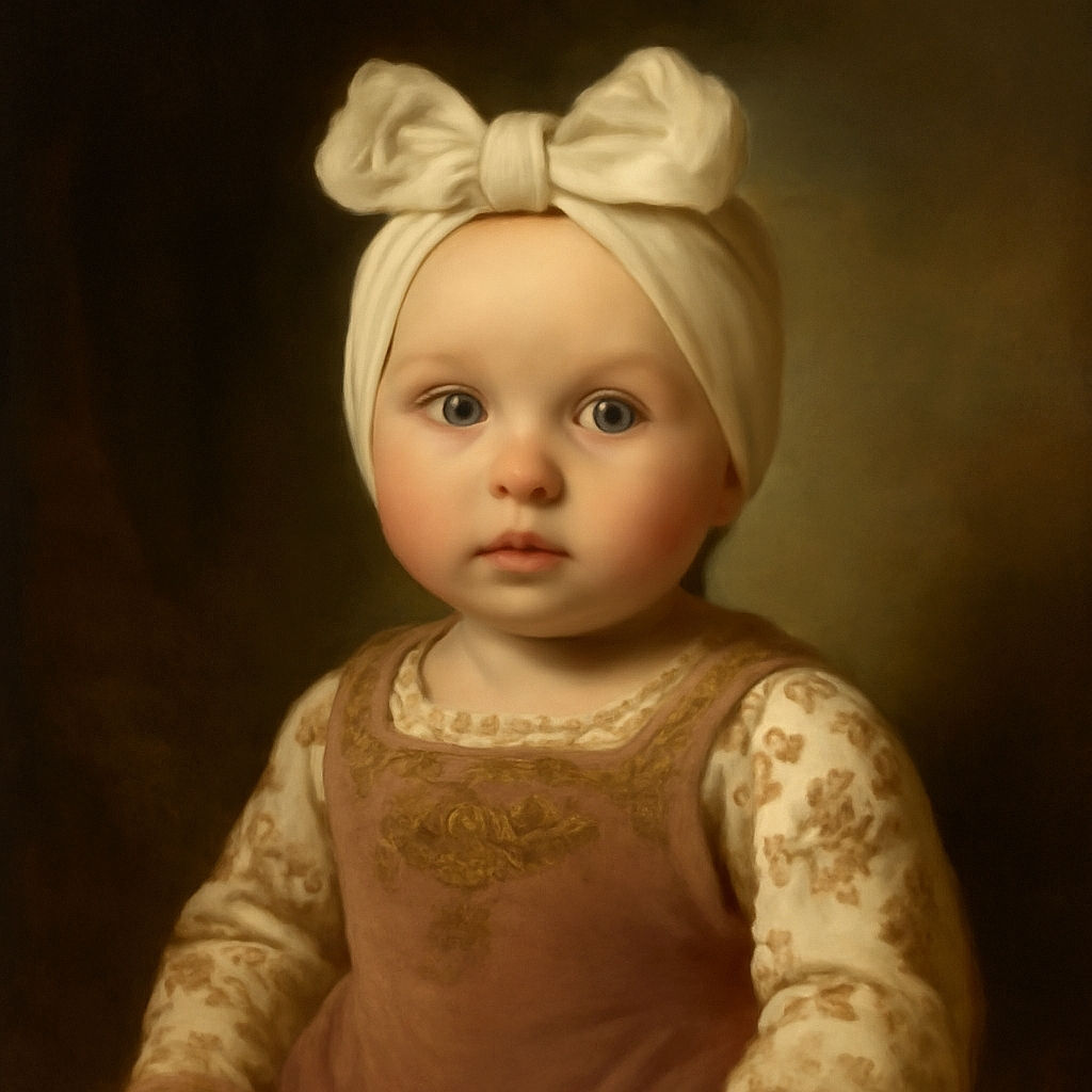 A wide-eyed baby wearing a cute white headband with big bow ears and a floral long-sleeve shirt under pink overalls lies on a cozy bed surrounded by soft toys, looking curiously at the camera with a calm, innocent expression.