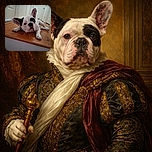 A charming French Bulldog with distinctive black and white markings lounges on a polished wooden floor at the foot of a staircase, gazing curiously at the camera with its big ears perked up. The background shows a hallway with white doors, adding a cozy indoor vibe.