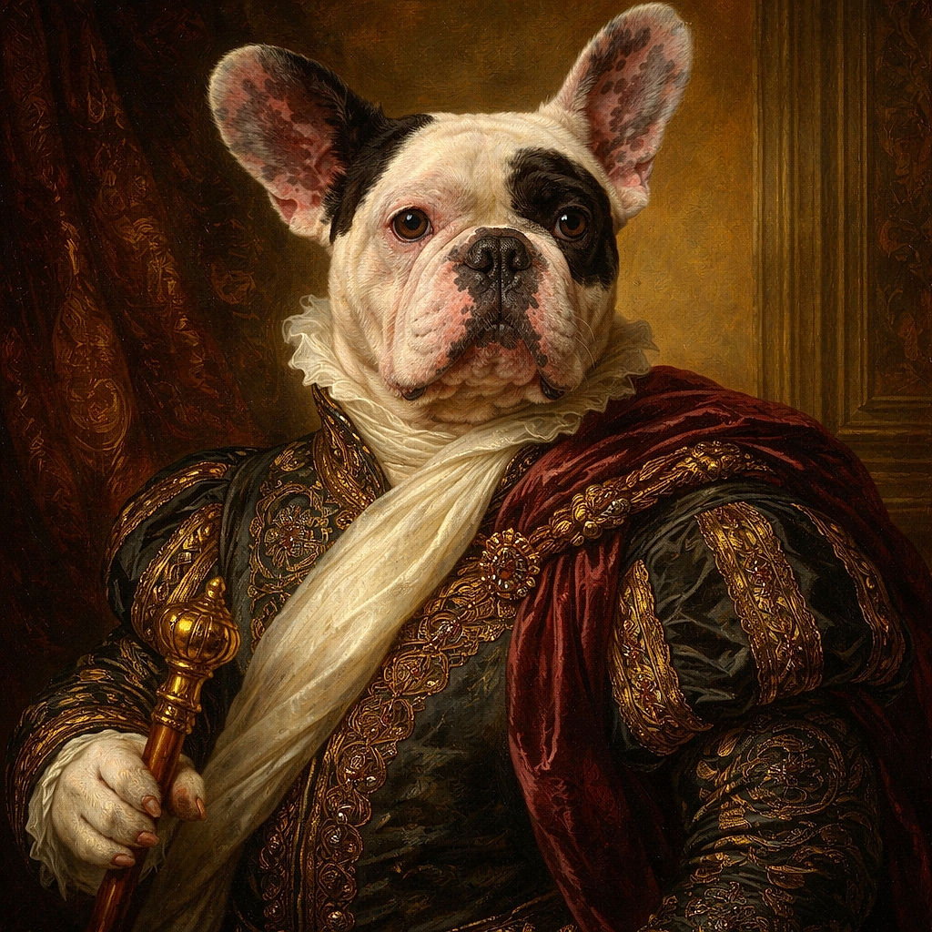 A charming French Bulldog with distinctive black and white markings lounges on a polished wooden floor at the foot of a staircase, gazing curiously at the camera with its big ears perked up. The background shows a hallway with white doors, adding a cozy indoor vibe.