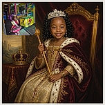 A tiny birthday queen proudly models her sparkling crown and sash while enjoying a rainbow-colored lollipop, with a neon arcade claw machine and Lumberjack game standing behind her like a very flashy royal court.