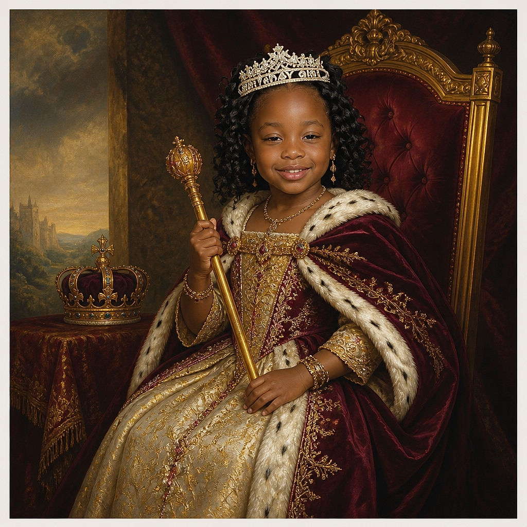 A tiny birthday queen proudly models her sparkling crown and sash while enjoying a rainbow-colored lollipop, with a neon arcade claw machine and Lumberjack game standing behind her like a very flashy royal court.