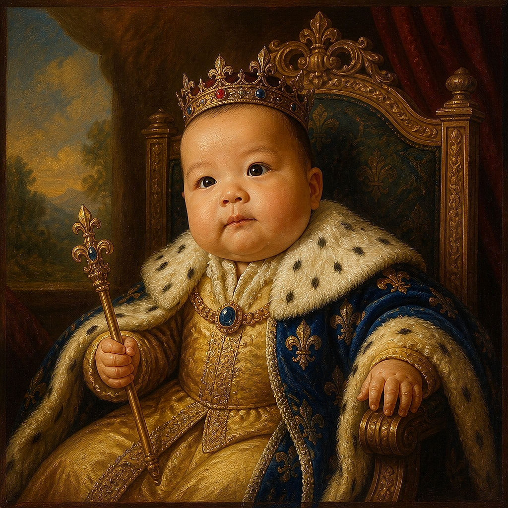 A wide-eyed baby sits like a tiny executive in a car seat, proudly modeling a “Mini & Mighty” bib while surrounded by blankets, bags, and the cozy chaos of everyday life.