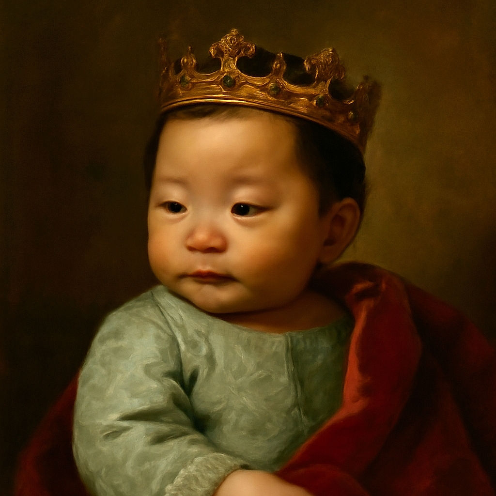 A close-up photo of a baby lying down, wearing a leafy patterned outfit, with a curious expression and big dark eyes looking slightly sideways.