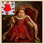 A cheerful baby lies like the tiniest Valentine’s Day celebrity, dressed in a polka-dot red outfit with matching bow and shoes, while a whole garden of roses forms a glamorous floral paparazzi backdrop.