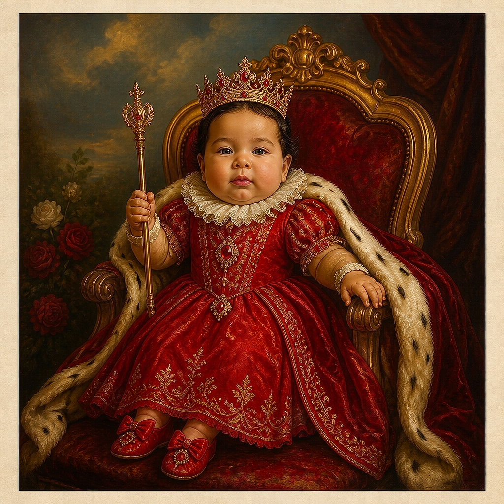 A cheerful baby lies like the tiniest Valentine’s Day celebrity, dressed in a polka-dot red outfit with matching bow and shoes, while a whole garden of roses forms a glamorous floral paparazzi backdrop.