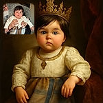 A wide-eyed baby in a cozy white sweater and plaid skirt is being gently held by an older person with glasses, who looks on lovingly. The baby appears curious or surprised, with chubby cheeks and shiny dark hair, sitting comfortably in a chair with a piece of paper in the foreground.