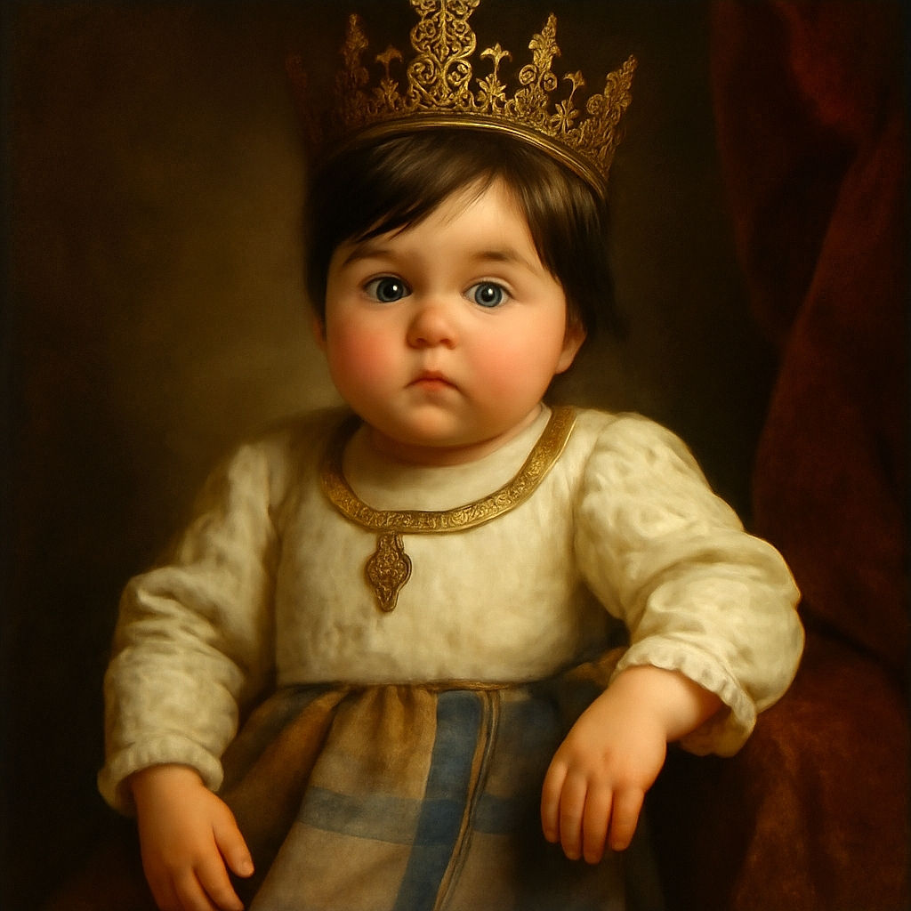 A wide-eyed baby in a cozy white sweater and plaid skirt is being gently held by an older person with glasses, who looks on lovingly. The baby appears curious or surprised, with chubby cheeks and shiny dark hair, sitting comfortably in a chair with a piece of paper in the foreground.