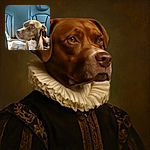 A thoughtful brown dog with soulful amber eyes sits comfortably on a cozy blanket in the backseat of a car, gazing out the window as sunlight softly illuminates its fur and the leather seats behind it.