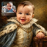 A joyful baby with sparkling eyes and a big smile is sitting inside a white laundry basket, gripping the sides as if it were a royal carriage, with a cozy living room backdrop.