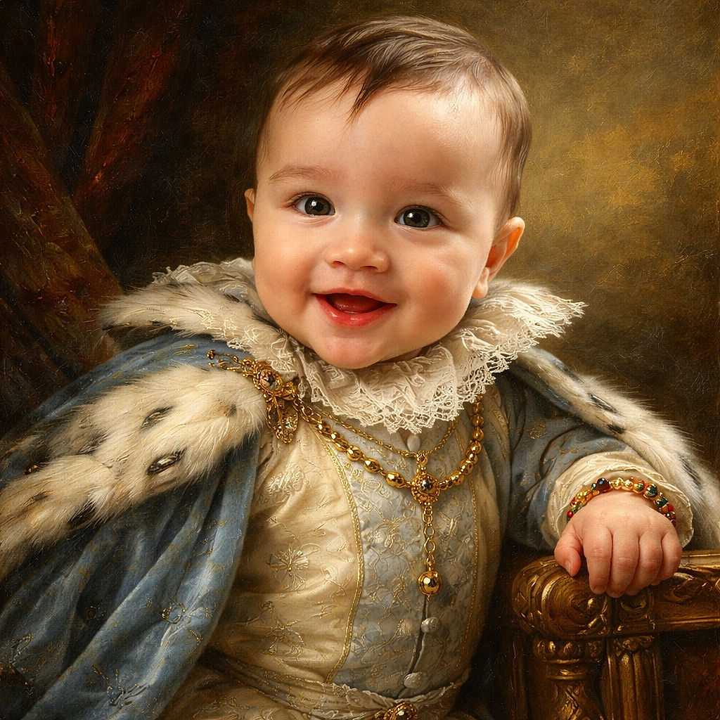 A joyful baby with sparkling eyes and a big smile is sitting inside a white laundry basket, gripping the sides as if it were a royal carriage, with a cozy living room backdrop.