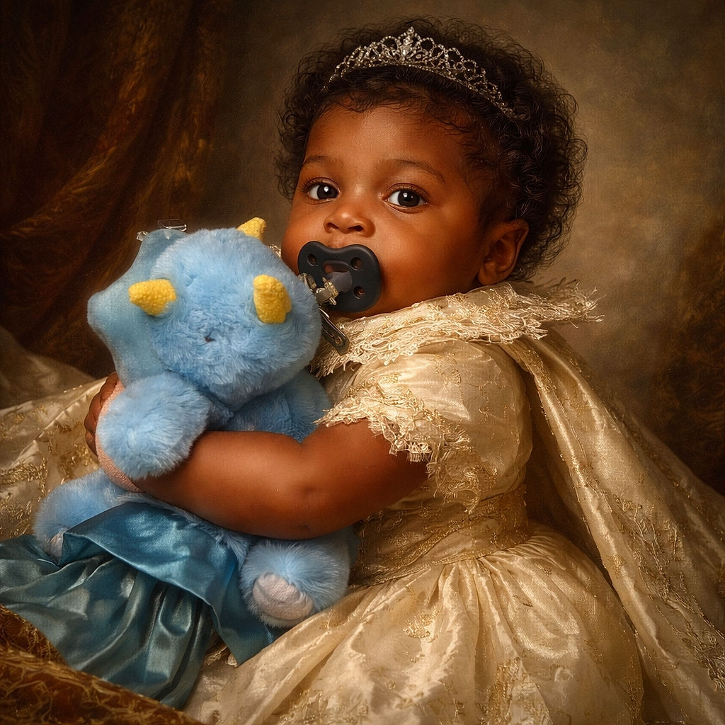 A peaceful baby is sound asleep clutching a soft blue plush toy with yellow horns, wrapped in a cozy white blanket with a Minnie Mouse design peeking out. The background is simple white fabric, making the baby and toy the stars of this heartwarming nap scene.