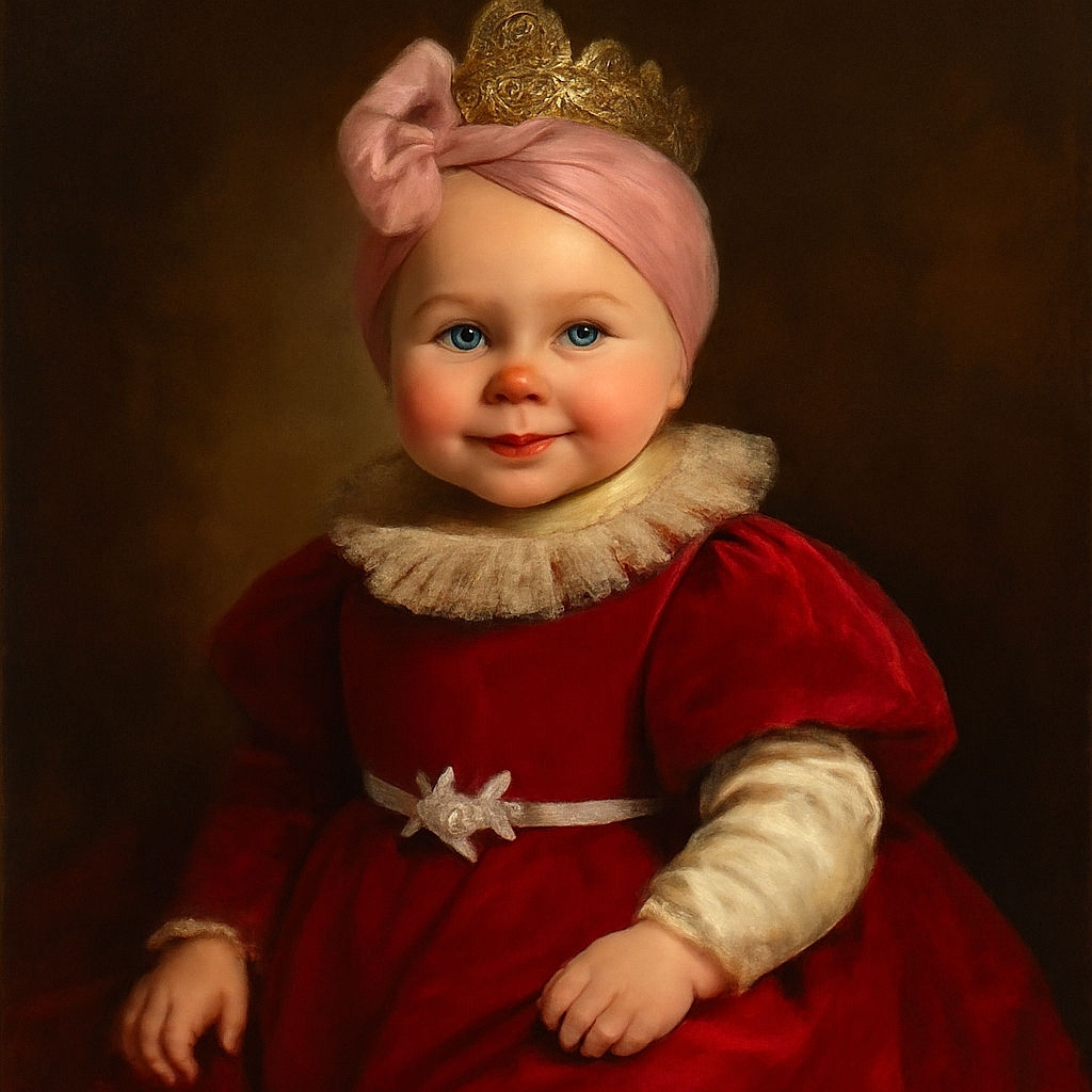 A cheerful baby wearing a pink headband with a big bow and a bright pink romper lies on a soft, colorful puzzle-piece patterned mat, smiling and spreading arms wide as if ready for a big hug.