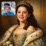 A cheerful young skier, bundled up in a vibrant blue patterned jacket and pink helmet padding, smiles warmly at the camera with snowy woods in the background, ready for a day of winter fun.