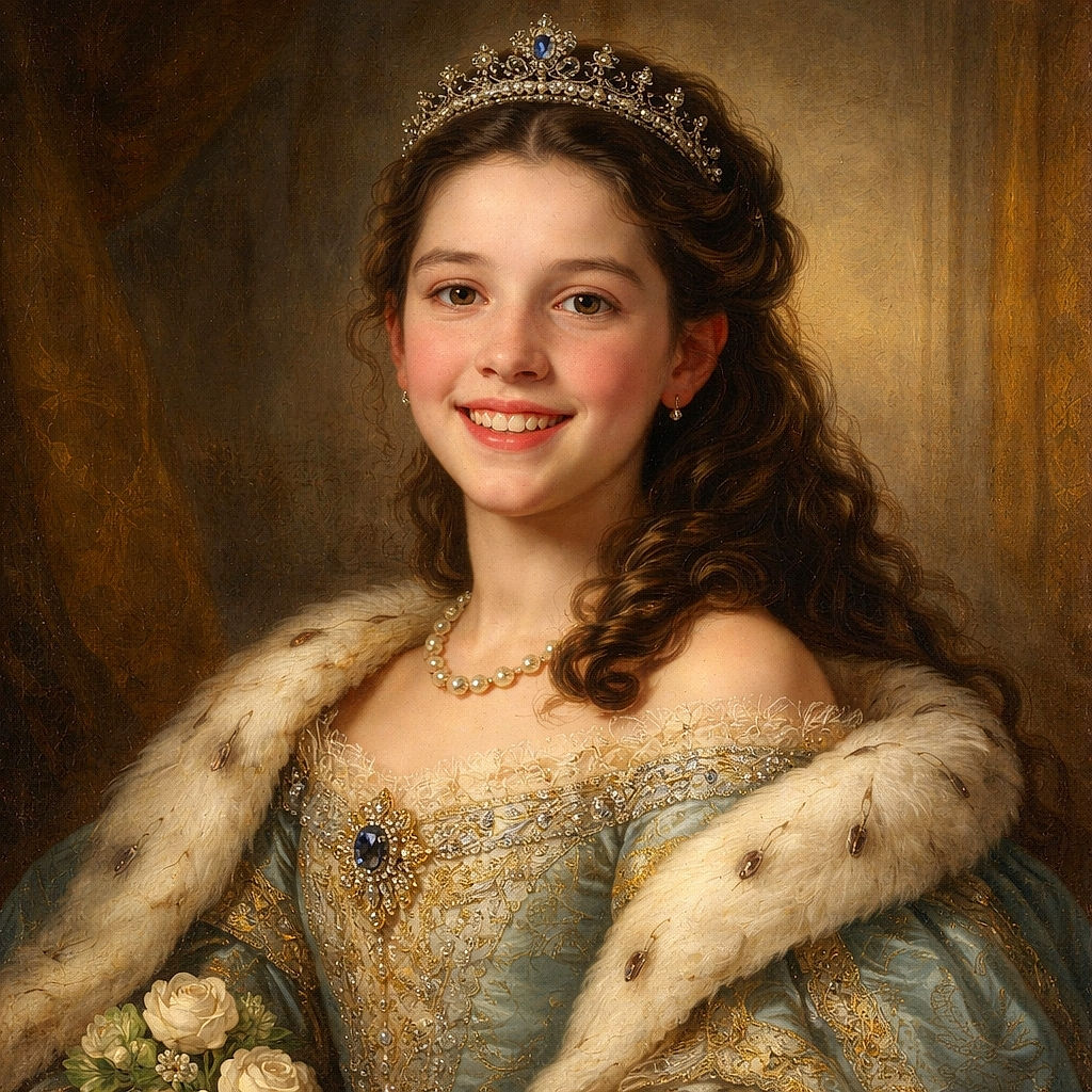 A cheerful young skier, bundled up in a vibrant blue patterned jacket and pink helmet padding, smiles warmly at the camera with snowy woods in the background, ready for a day of winter fun.